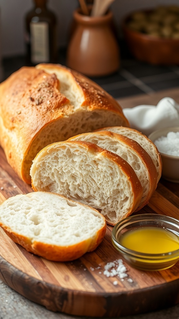 Soft 00 Flour Bread Machine Recipe Freshly baked 00 flour bread loaf sliced on a wooden board with olive oil and salt.